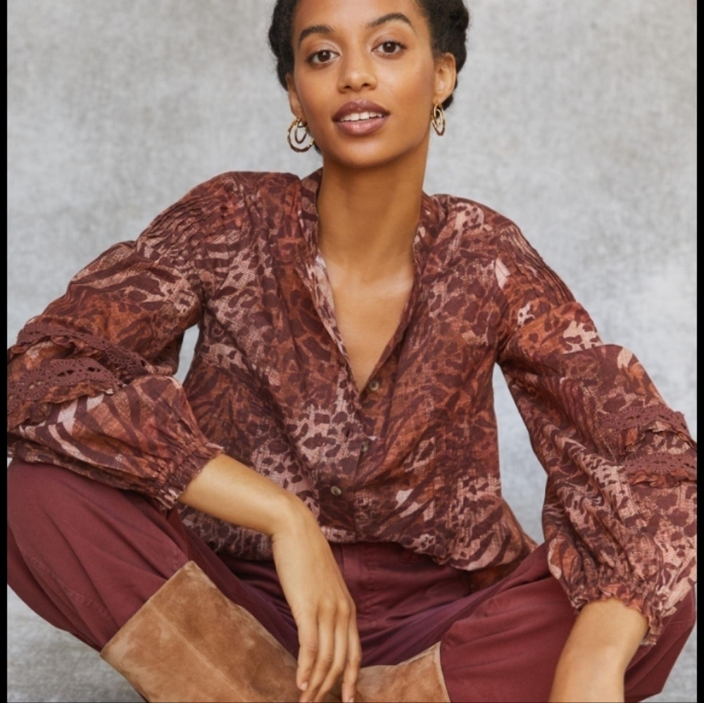 Pilcro Anthropologie Leopard Puff-Sleeved Blouse Sz S Boho Festival Gypsy Casual